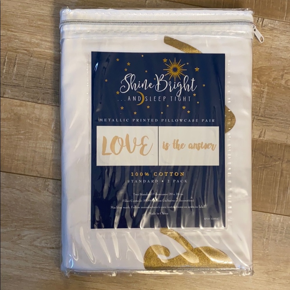 NWOT “Shine Bright” Gold Pillowcases “LOVE”